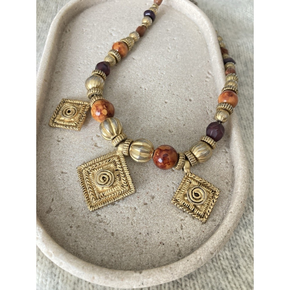 Gold Tone Boho Beaded Charm Necklace‎ Rust Brown Spiral Medallion Statement